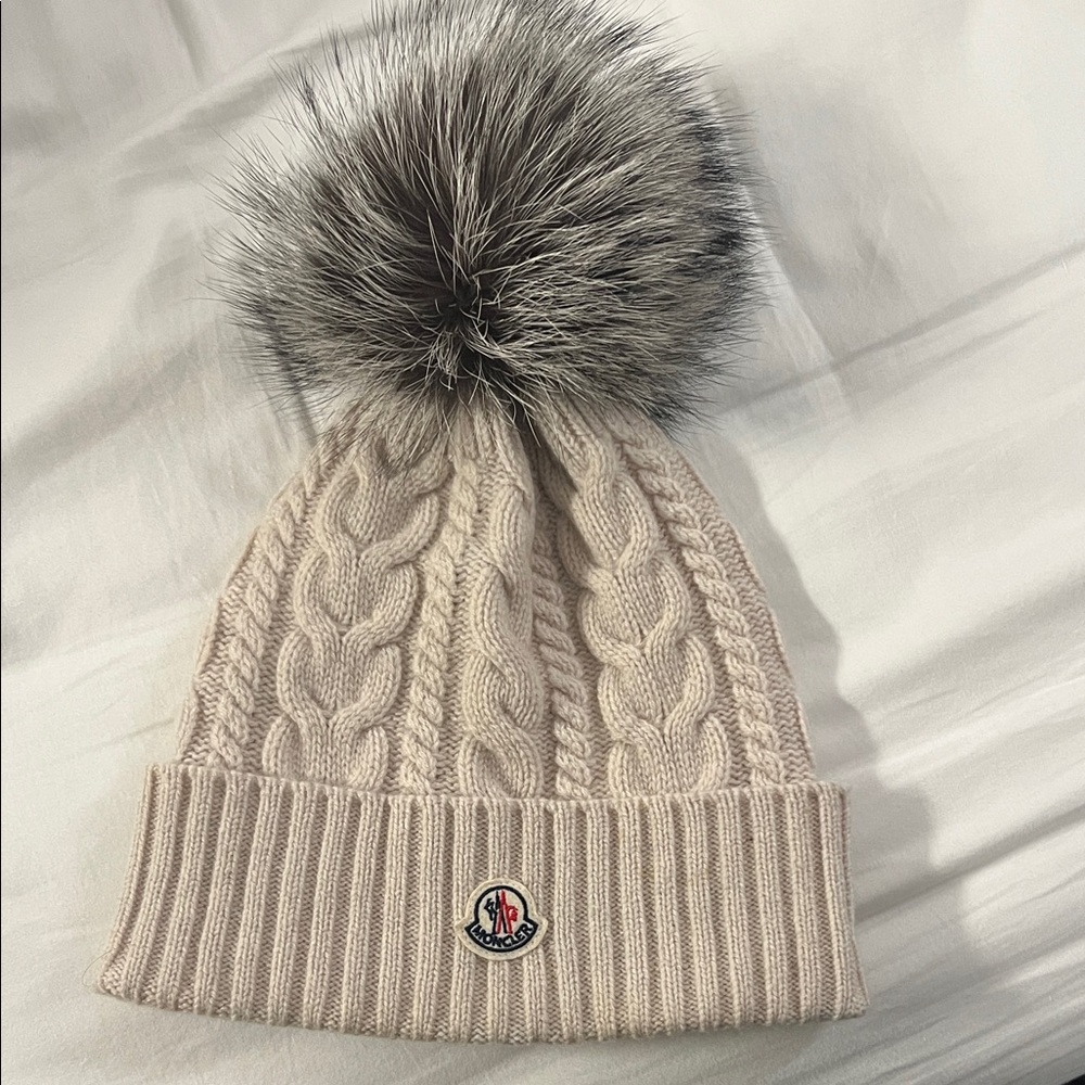 Moncler Cream Cable Knit Beanie with Gray Pom
